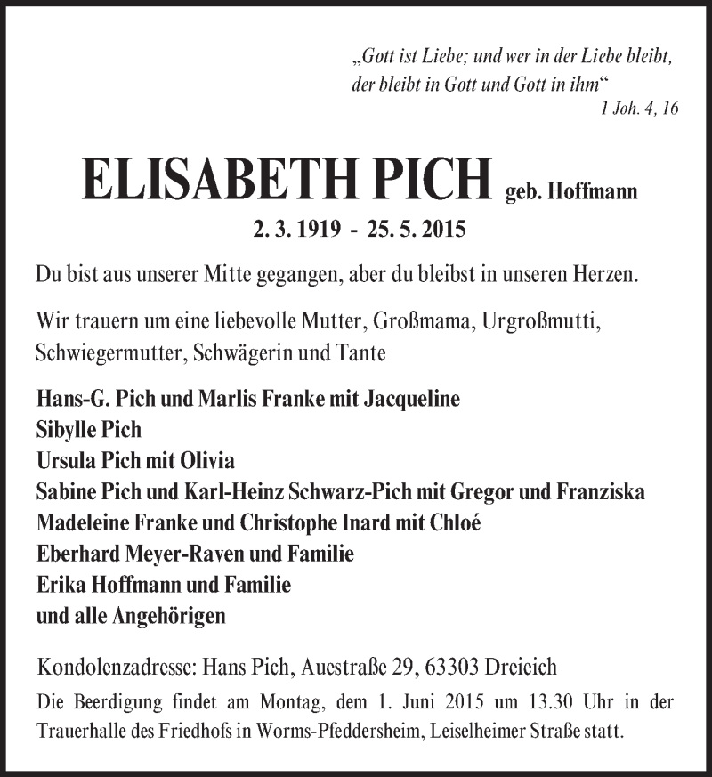  Traueranzeige für Elisabeth Pich vom 27.05.2015 aus  Worms