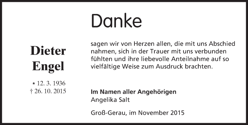  Traueranzeige für Dieter Engel vom 24.11.2015 aus trauer.echo-online.de