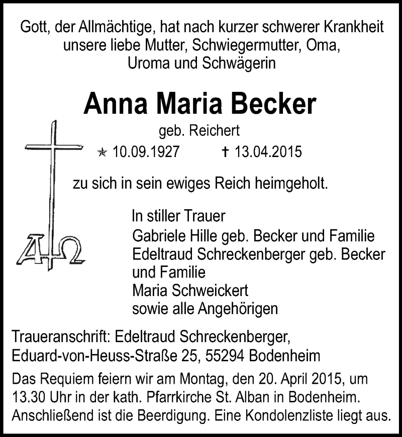  Traueranzeige für Anna Maria Becker vom 16.04.2015 aus  Mainz
