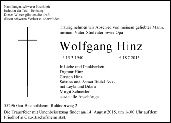 Traueranzeige von Wolfgang Hinz von  Mainz