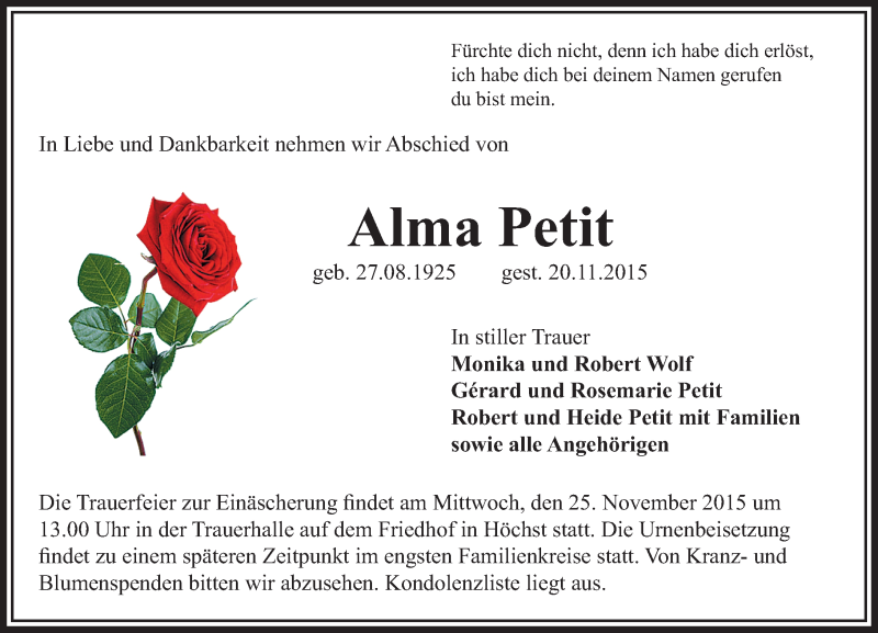  Traueranzeige für Alma Petit vom 23.11.2015 aus trauer.echo-online.de