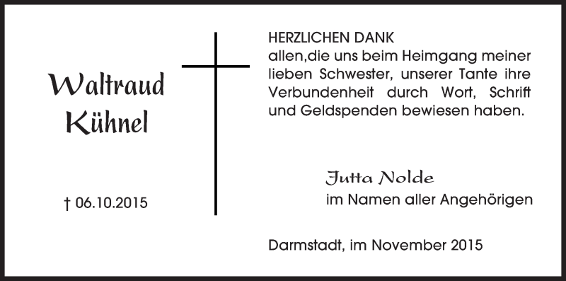  Traueranzeige für Waltraud Kühnel vom 18.11.2015 aus trauer.echo-online.de