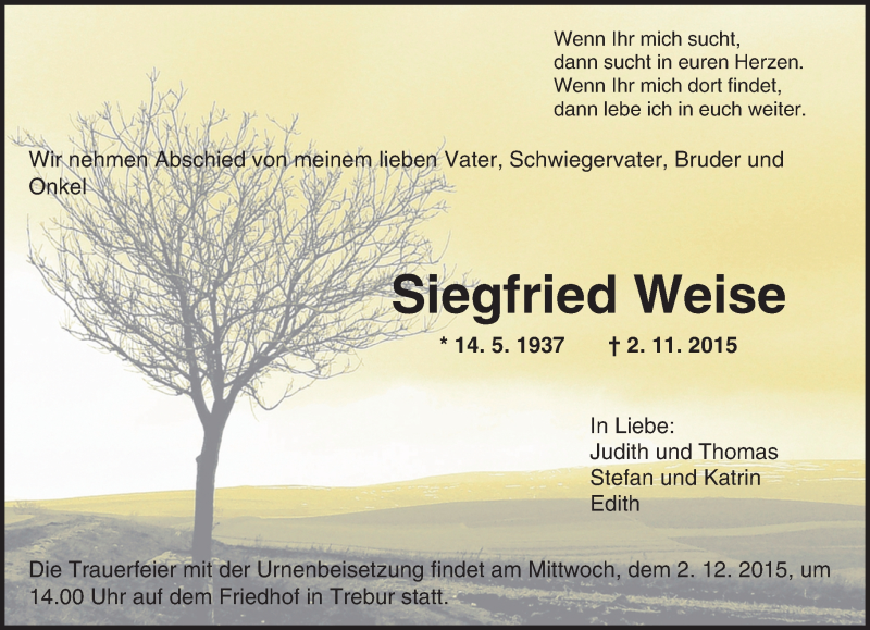  Traueranzeige für Siegfried Weise vom 30.11.2015 aus trauer.echo-online.de