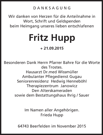Traueranzeige von Fritz Hupp von trauer.echo-online.de