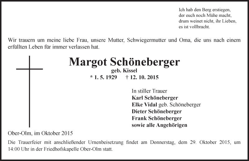  Traueranzeige für Margot Schöneberger vom 17.10.2015 aus  Mainz