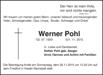 Traueranzeige von Werner Pohl von trauer.echo-online.de