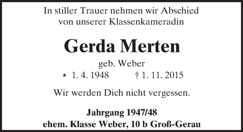  Traueranzeige für Gerda Merten vom 11.11.2015 aus trauer.echo-online.de