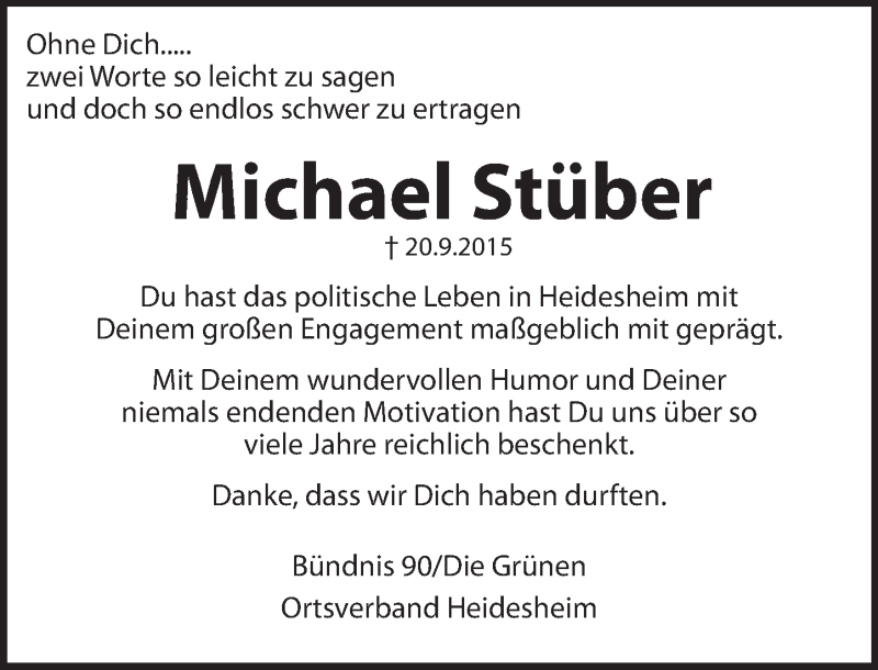  Traueranzeige für Michael Stüber vom 26.09.2015 aus  Ingelheim-Bingen