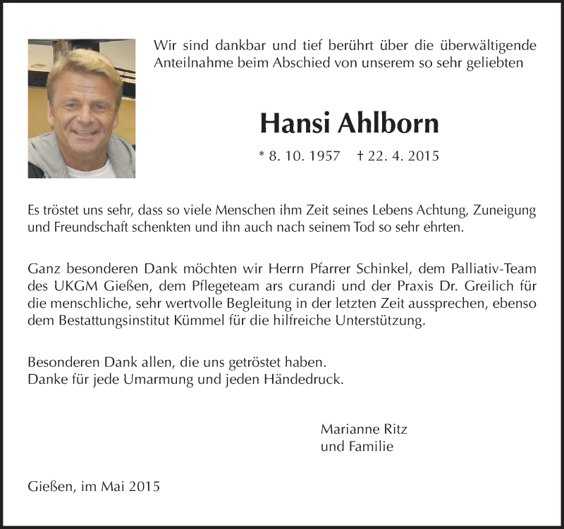 Traueranzeige für Hansi Ahlborn vom 23.05.2015 aus  Gießener Anzeiger
