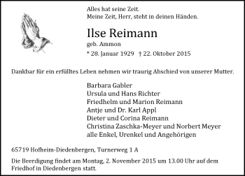 Traueranzeige von Ilse Reimann von  Hofheimer Zeitung