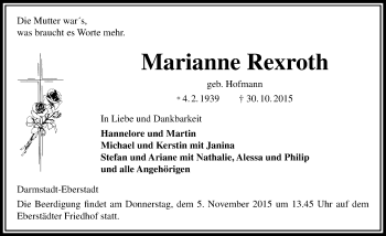 Traueranzeige von Marianne Rexroth von trauer.echo-online.de