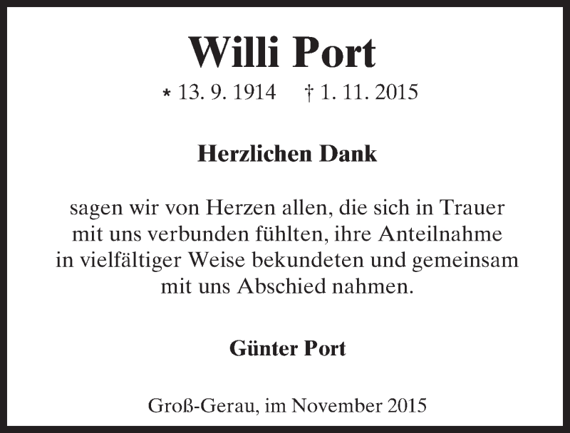  Traueranzeige für Willi Port vom 25.11.2015 aus trauer.echo-online.de