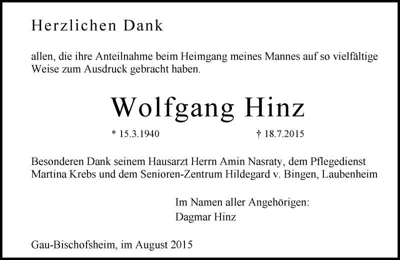 Traueranzeige für Wolfgang Hinz vom 19.08.2015 aus  Mainz