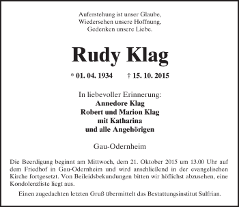 Traueranzeige von Rudy Klag von  Alzey