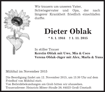 Traueranzeige von Dieter Oblak von trauer.echo-online.de