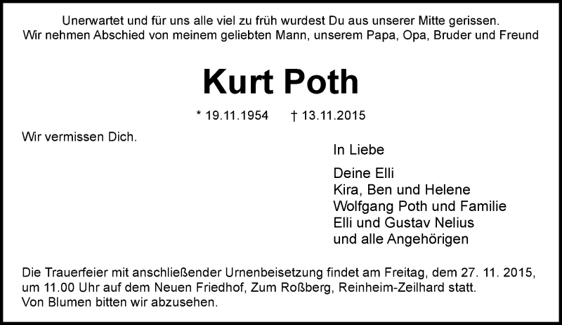  Traueranzeige für Kurt Poth vom 21.11.2015 aus trauer.echo-online.de