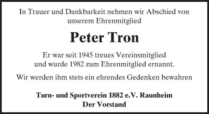  Traueranzeige für Peter Tron vom 28.11.2015 aus trauer.echo-online.de