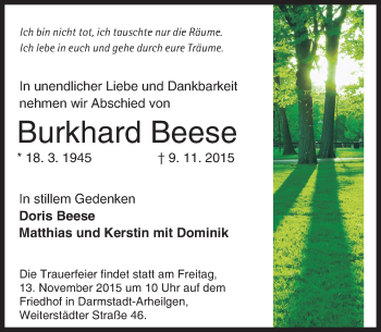 Traueranzeige von Burkhard Beese von trauer.echo-online.de