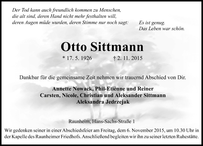  Traueranzeige für Otto Sittmann vom 04.11.2015 aus trauer.echo-online.de