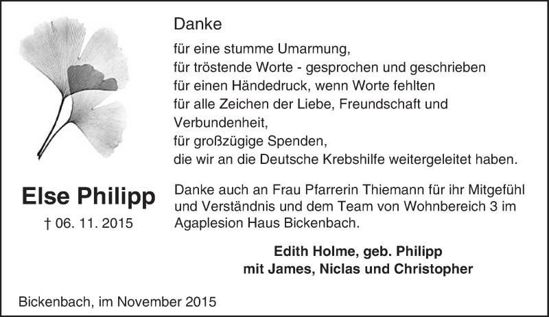  Traueranzeige für Else Philipp vom 28.11.2015 aus trauer.echo-online.de