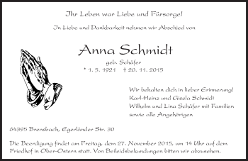 Traueranzeige von Anna Schmidt von trauer.echo-online.de