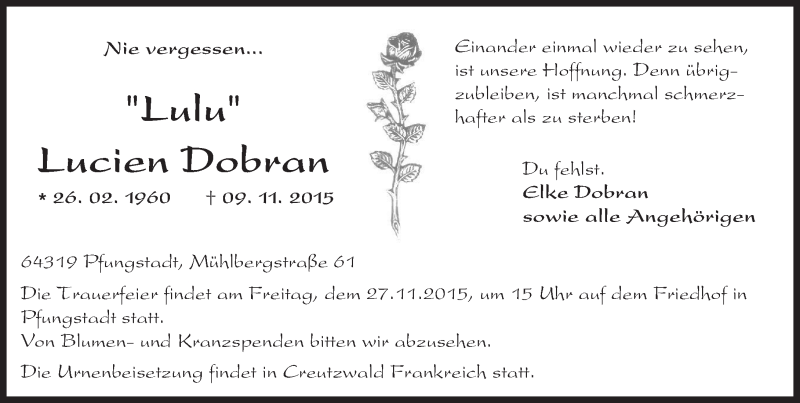  Traueranzeige für Lucien Dobran vom 21.11.2015 aus trauer.echo-online.de