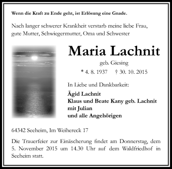 Traueranzeige von Maria Lachnit von trauer.echo-online.de
