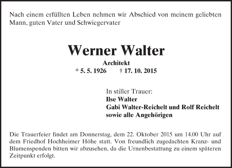  Traueranzeige für Werner Walter vom 20.10.2015 aus  Worms