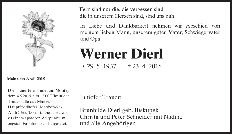 Traueranzeige für Werner Dierl vom 29.04.2015 aus  Mainz