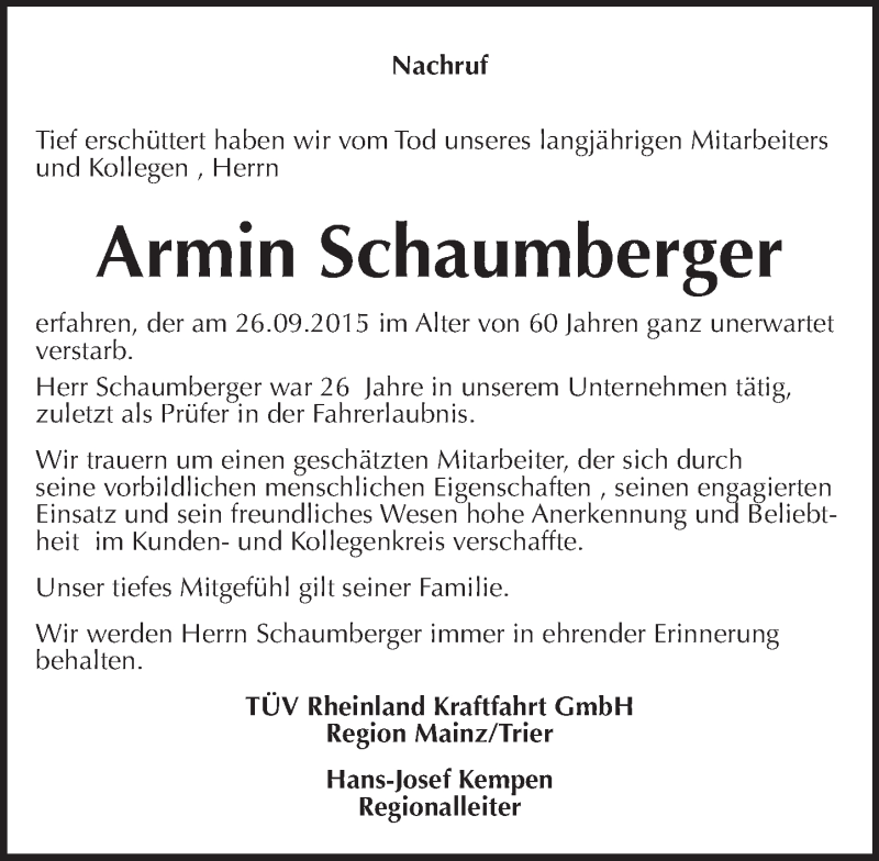  Traueranzeige für Armin Schaumberger vom 15.10.2015 aus  Mainz