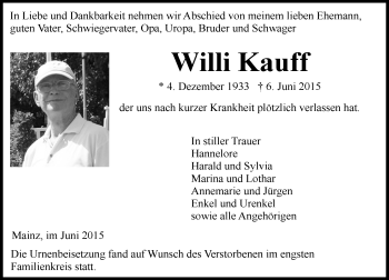 Traueranzeige von Willi Kauff von  Mainz