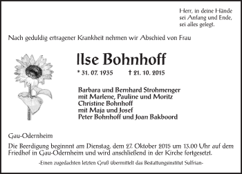 Traueranzeige von Ilse Bohnhoff von  Alzey