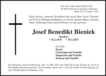 Traueranzeige von Josef Benedikt Bieniek von  WI-komplett