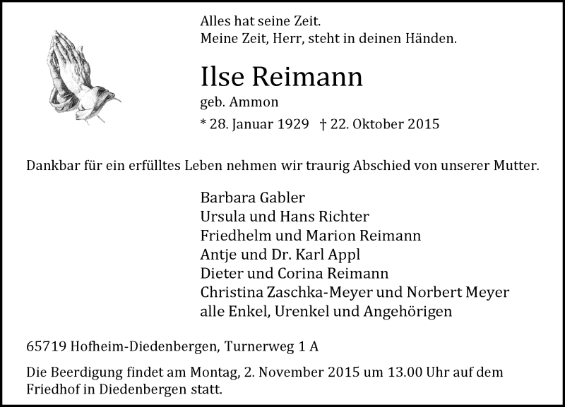  Traueranzeige für Ilse Reimann vom 27.10.2015 aus  Hofheimer Zeitung