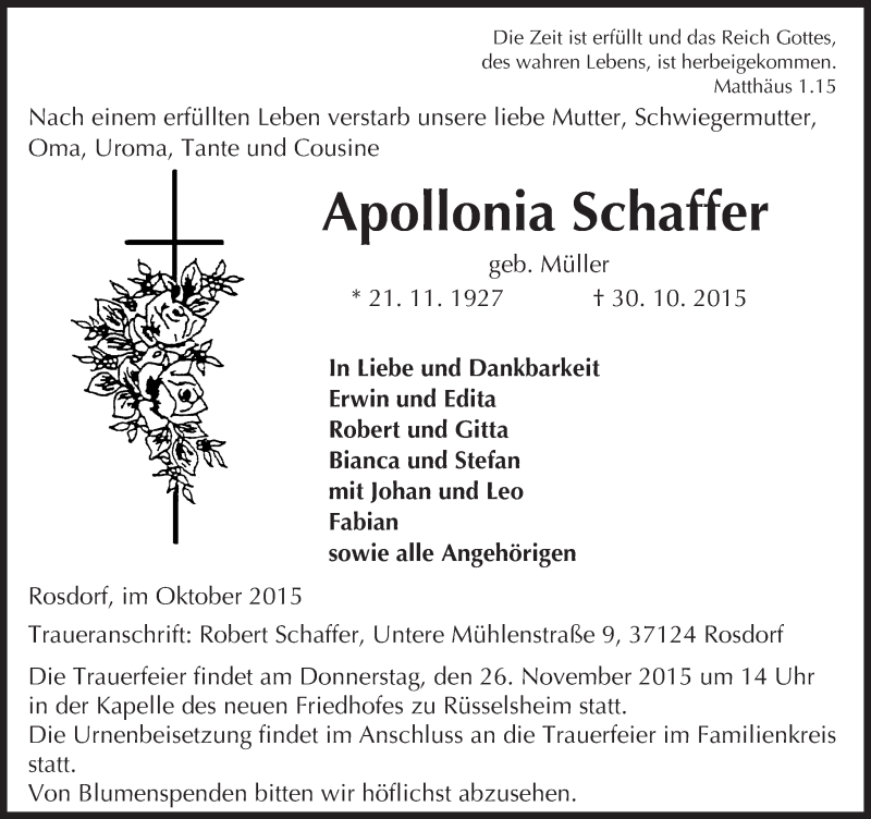  Traueranzeige für Apollonia Schaffer vom 07.11.2015 aus trauer.echo-online.de