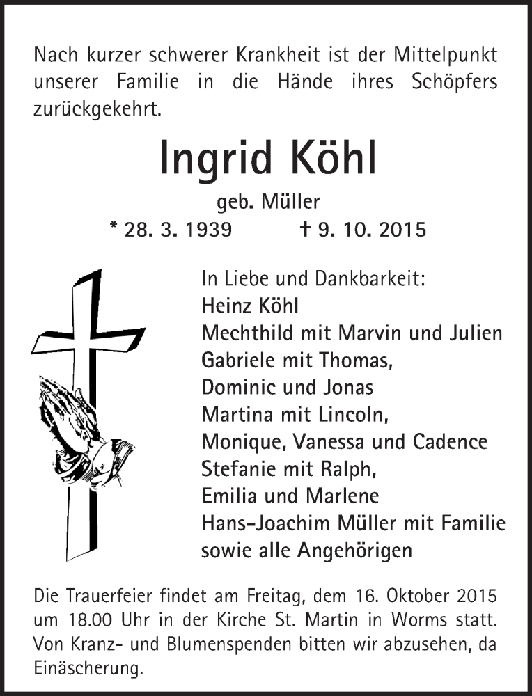  Traueranzeige für Ingrid Köhl vom 14.10.2015 aus  Worms
