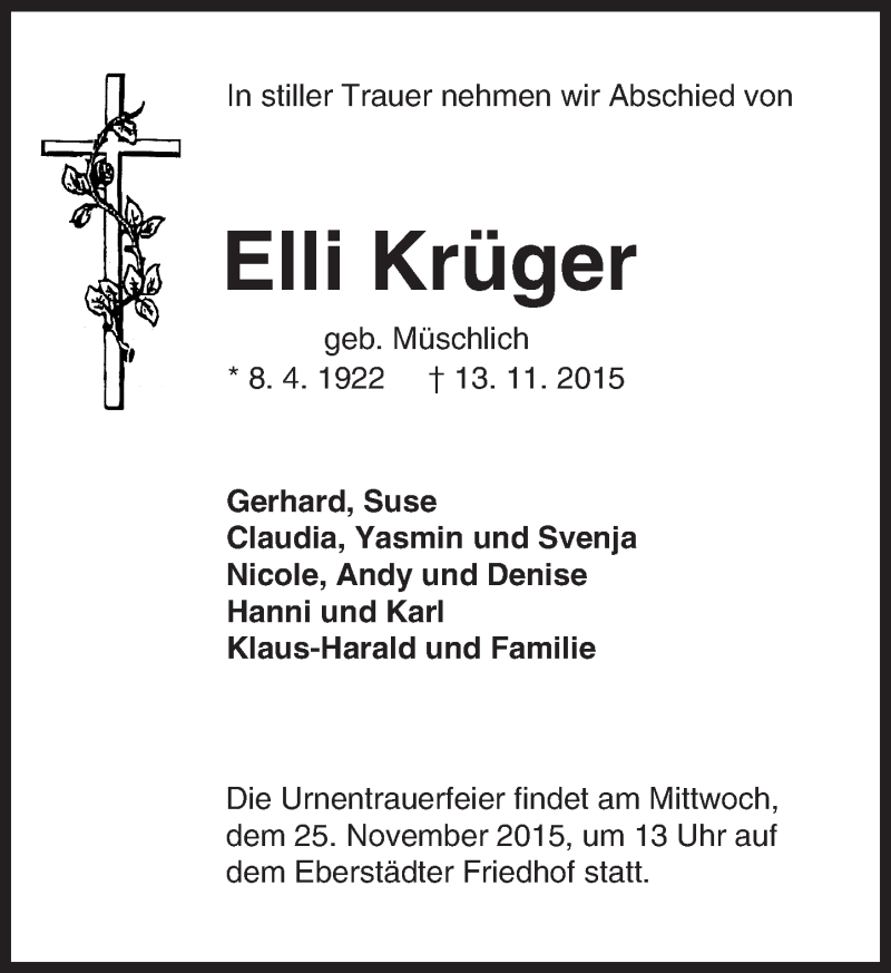  Traueranzeige für Elli Krüger vom 21.11.2015 aus trauer.echo-online.de