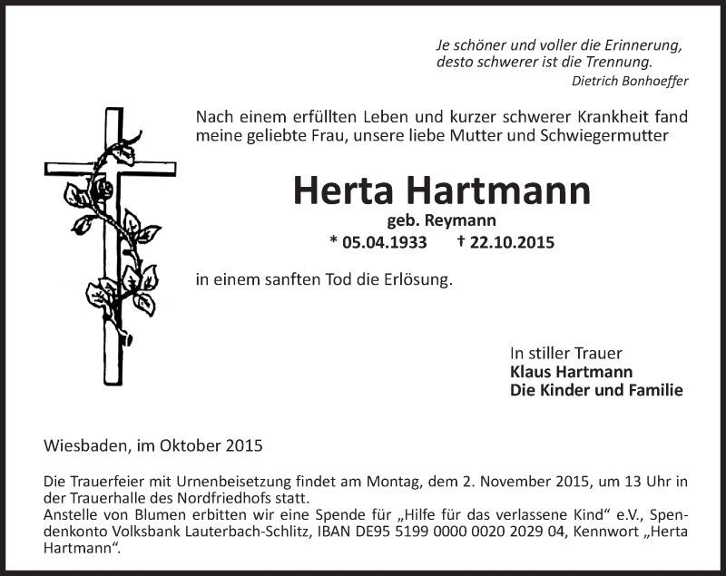  Traueranzeige für Herta Hartmann vom 28.10.2015 aus  WI-komplett