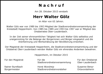 Traueranzeige von Walter Gölz von trauer.echo-online.de
