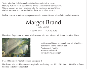 Traueranzeige von Margot Brand von trauer.echo-online.de