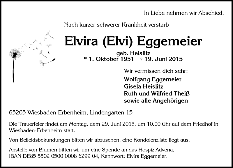  Traueranzeige für Elvira Eggemeier vom 24.06.2015 aus  WI-komplett