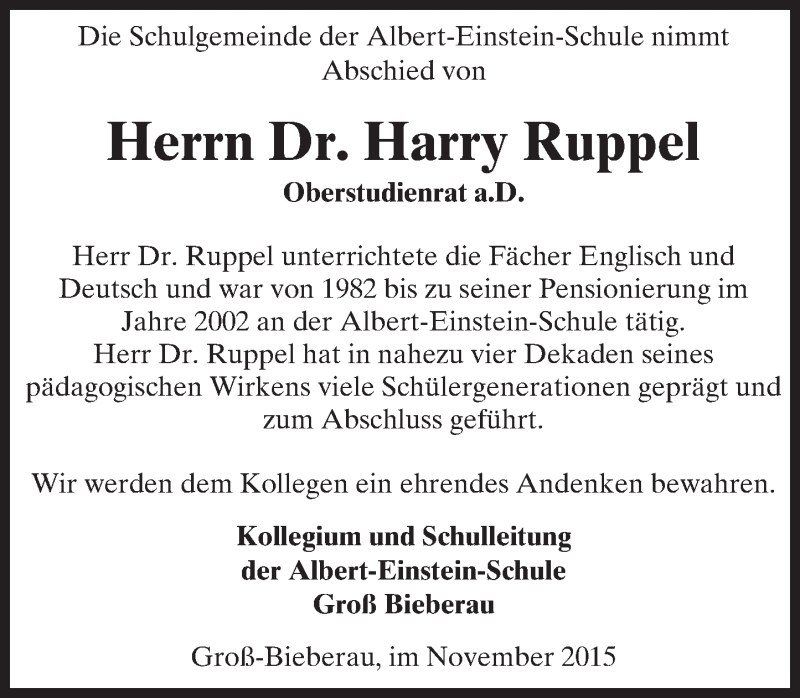  Traueranzeige für Harry Ruppel vom 06.11.2015 aus trauer.echo-online.de
