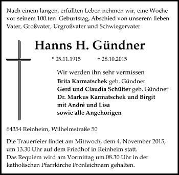 Traueranzeige von Hanns H. Gündner von trauer.echo-online.de
