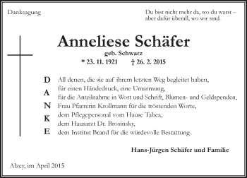 Traueranzeige von Anneliese Schäfer von  Alzey