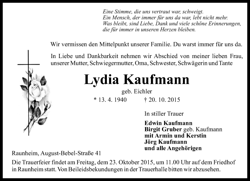  Traueranzeige für Lydia Kaufmann vom 21.10.2015 aus  Mainspitze