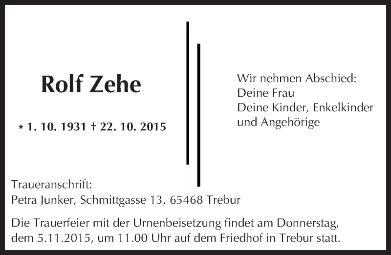  Traueranzeige für Rolf Zehe vom 04.11.2015 aus trauer.echo-online.de