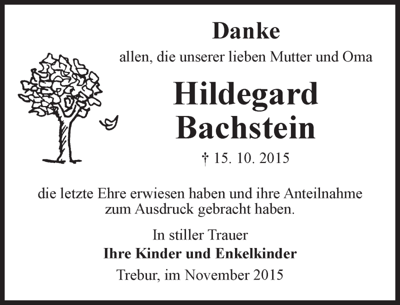  Traueranzeige für Hildegard Bachstein vom 16.11.2015 aus trauer.echo-online.de