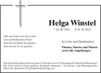 Traueranzeige von Helga Winstel von  Worms