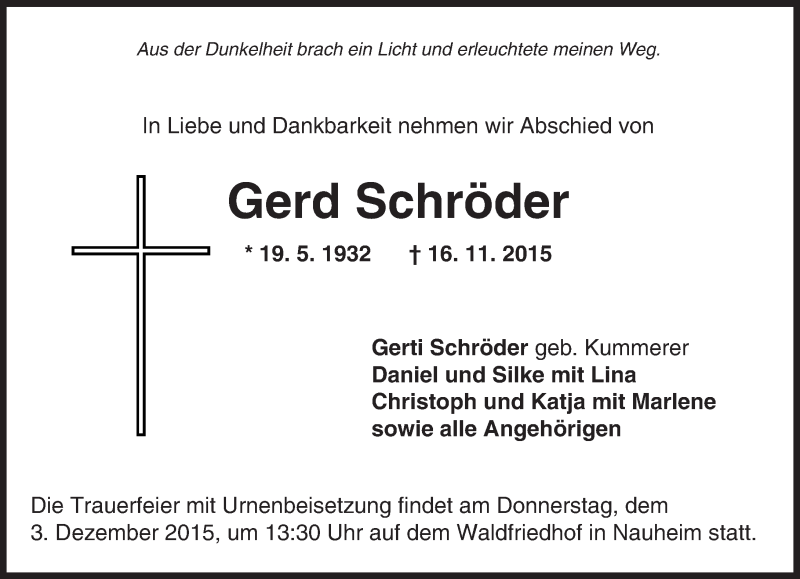  Traueranzeige für Gerd Schröder vom 28.11.2015 aus trauer.echo-online.de