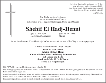 Traueranzeige von Shehif El Hadj-Henni von  Mainz